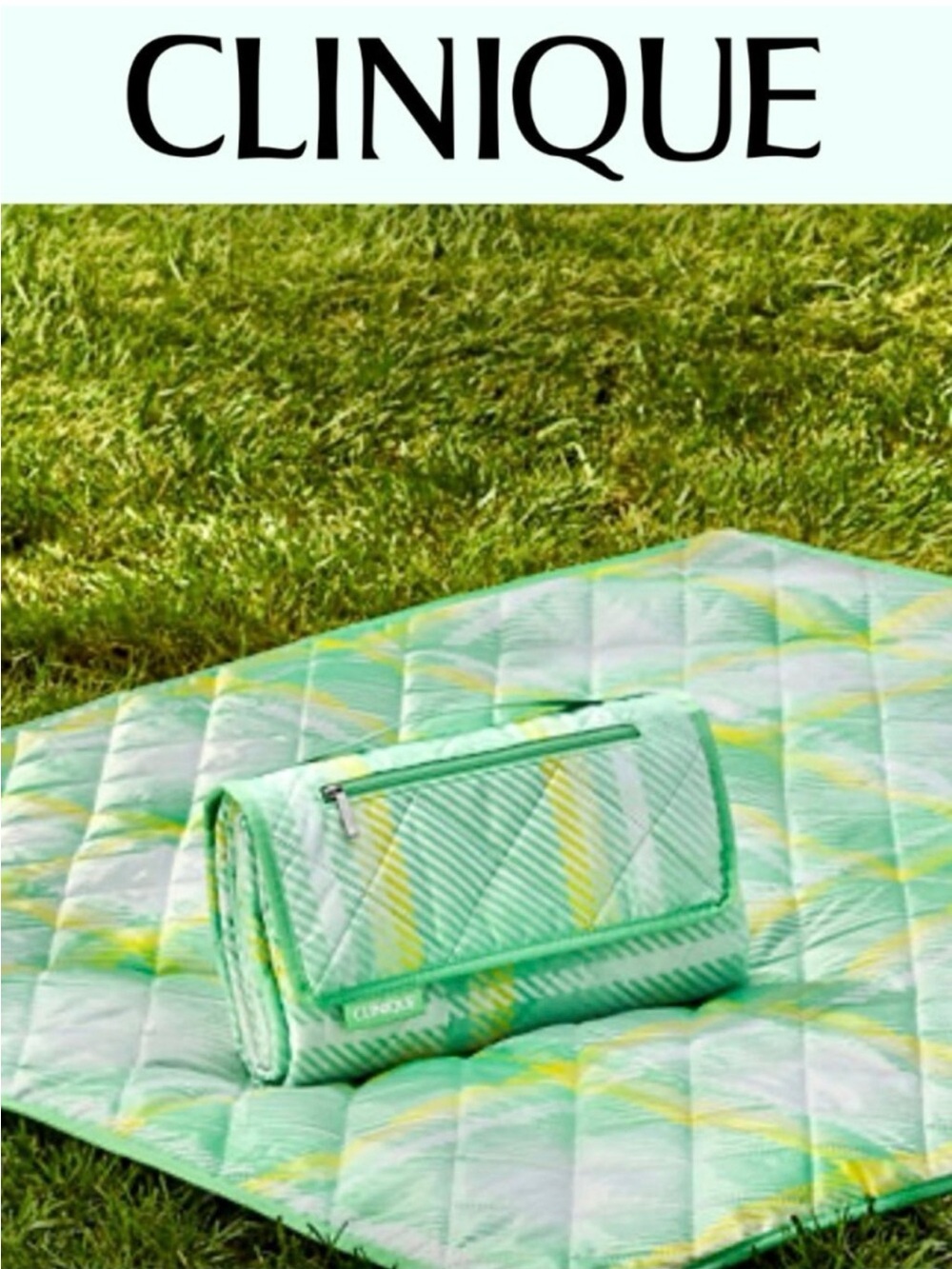 Clinique Mint & Yellow Quilted Travel Throw with Zip Pouch